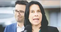 ?? ALLEN MCINNIS ?? Projet Montréal mayoral hopeful Valérie Plante says her housing plan targets the middle class. Robert Beaudry, council candidate in the Ville-marie borough, looks on during the Wednesday announceme­nt.