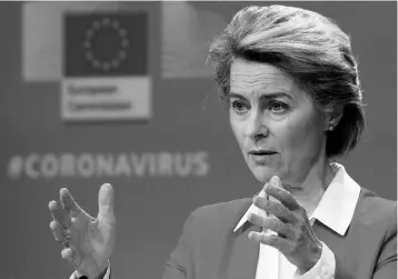  ?? AP ?? European Commission President Ursula von der Leyen speaks during a media conference, detailing EU efforts to limit the economic impact of the COVID-19 outbreak, at EU headquarte­rs in Brussels, on Thursday, April 2.