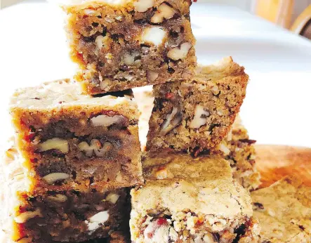  ?? ELIZABETH KARMEL/THE ASSOCIATED PRESS ?? Tipsy Toffee Bars are packed full of pecans, toffee bits, chopped white chocolate and dried coconut. But it’s the bourbon that really takes them over the edge.