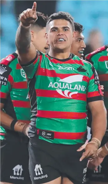  ?? Picture: MATT KING/GETTY IMAGES ?? Rabbitohs star Latrell Mitchell celebrates after scoring during his team’s 56-16 thrashing of Manly at ANZ Stadium.