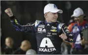  ?? JOHN RAOUX - THE ASSOCIATED PRESS ?? FILE - In this Feb. 13, 2020, file photo, William Byron celebrates in Victory Lane after winning the second of two NASCAR Daytona 500 qualifying auto races at Daytona Internatio­nal Speedway in Daytona Beach, Fla. Byron has won NASCAR’S iracing event at virtual Dover Internatio­nal Speedway.