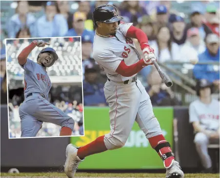  ?? AP PHOTO ?? NINTH LIFE: Mookie Betts reacts after belting a three-run home run yesterday that lifted the Red Sox to a 4-1 victory against the Brewers in Milwaukee.