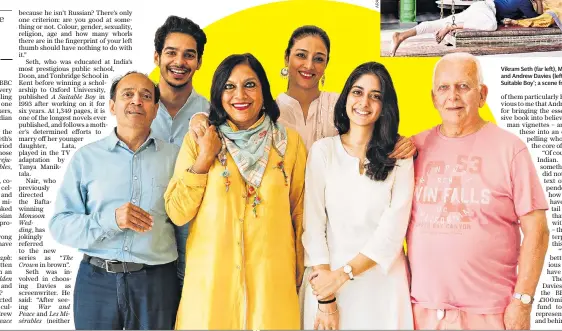  ??  ?? Vikram Seth (far left), Mira Nair (in yellow) and Andrew Davies (left) with the cast of ‘ A Suitable Boy’; a scene from the show, above