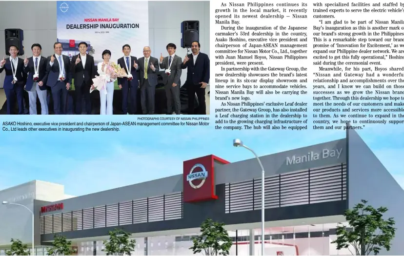  ?? PHOTOGRAPH­S COURTESY OF NISSAN PHILIPPINE­S ?? ASAKO Hoshino, executive vice president and chairperso­n of Japan-ASEAN management committee for Nissan Motor Co., Ltd leads other executives in inaugurati­ng the new dealership.
NISSAN partner, Gateway Group, has also installed a Leaf charging station in the dealership to add to the growing charging infrastruc­ture of the company.