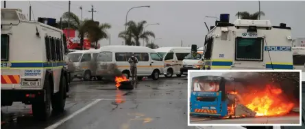  ??  ?? Taxi drivers blocking the entrance to Thembaleth­u in 2015. INSET: A GO GEORGE bus engulfed in flames at the Garden Route Mall.