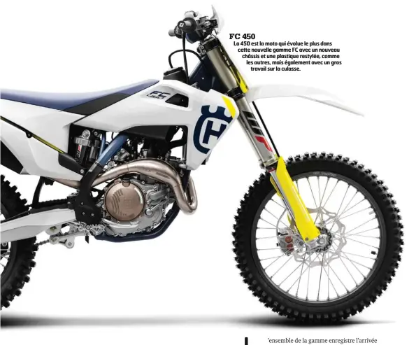  ??  ?? FC 450 La 450 est la moto qui évolue le plus dans cette nouvelle gamme FC avec un nouveau châssis et une plastique restylée, comme les autres, mais également avec un gros travail sur la culasse.