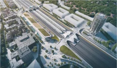  ?? FOTO: ZAHA HADID ARCHITECTS ?? VÄSBY ENTRÉ. Här vill Miljöparti­et och Alliansen låta bygga ett nytt kommunhus. Den tilltänkta platsen är där eken på Runbysidan av stationen i dag står.