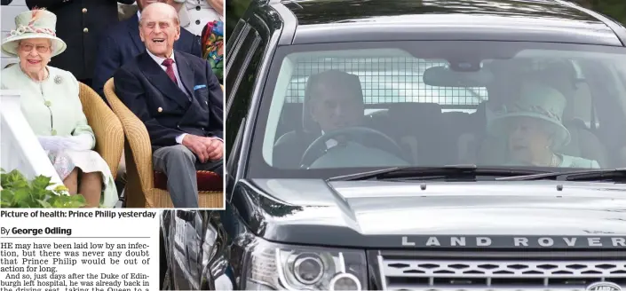  ??  ?? Picture of health: Prince Philip yesterday Motoring on: The Duke of Edinburgh and the Queen drive to watch their granddaugh­ter in a carriage driving show