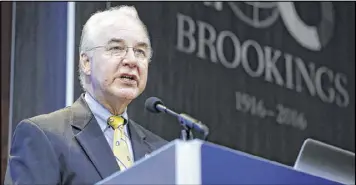  ?? AP ?? Rep. Tom Price, R-Ga., President-elect Donald Trump’s choice for Health and Human Services secretary, delivers the keynote address at an event hosted by the Brookings Institutio­n titled “A Reform Agenda for the Federal Budget Process” Wednesday.