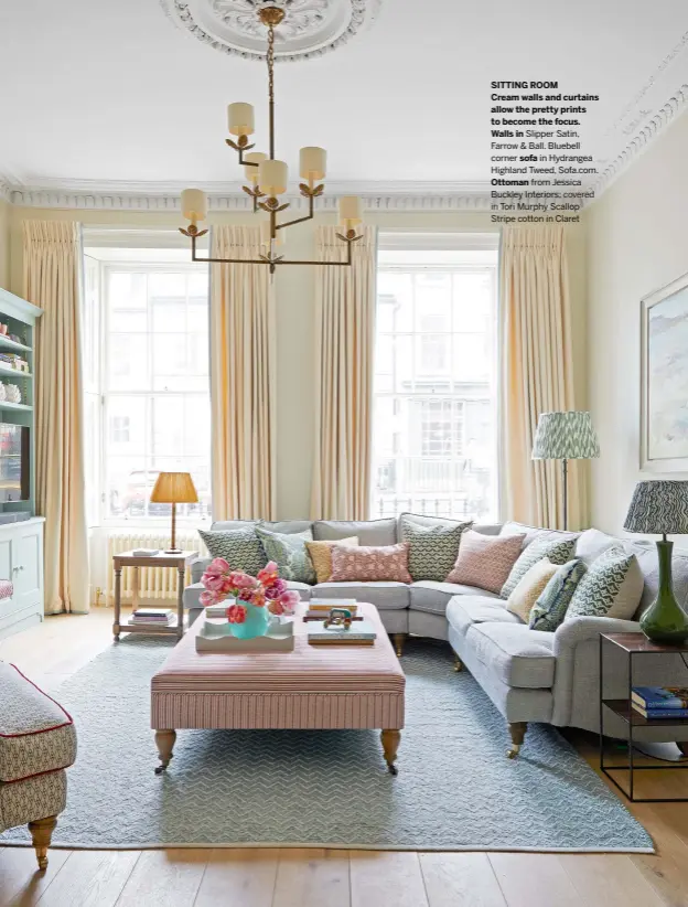  ??  ?? SITTING ROOM
Cream walls and curtains allow the pretty prints to become the focus. Walls in Slipper Satin, Farrow & Ball. Bluebell corner sofa in Hydrangea Highland Tweed, Sofa.com.
Ottoman from Jessica Buckley Interiors; covered
in Tori Murphy Scallop Stripe cotton in Claret