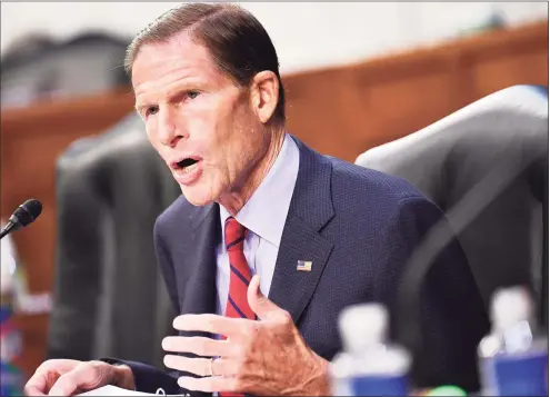  ?? Getty Images ?? Sen. Richard Blumenthal, D-Conn., speaks on the fourth day of confirmati­on hearings for Supreme Court nominee Judge Amy Coney Barrett before the Senate Judiciary Committee on Thursday in Washington.