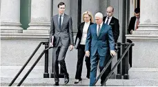  ?? TASOS KATOPODIS/SIPA USA ?? Vice President Mike Pence leads Jared Kushner (left), Homeland’s Kirstjen Nielsen and Stephen Miller out of talks Saturday.