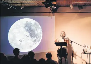  ?? ADAM HEFFERMAN PHOTO ?? Broadcaste­r Laurie Brown speaks during the final stop in her national “Pondercast” tour at The Rocket Room in St. John’s.