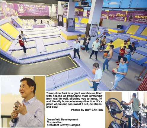  ??  ?? Photos by BOY SANTOS Trampoline Park is a giant warehouse filled with dozens of trampoline mats stretching from wall-to-wall, allowing you to jump, fly, and literally bounce in every direction. It’s a place where one can sweat it out, de-stress, and...