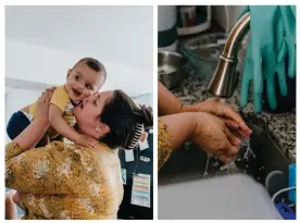  ?? Composite: Jamie Kelter Davis/The Guardian ?? Elizabeth Granato with her son Lokesh in the kitchen of their home in Chicago, Illinois.