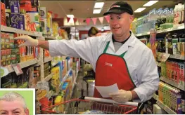  ?? Photo by Declan Malone ?? Micheál Murphy filling a basket in Sheehy’s supermarke­t with a phone-in shopping list: ‘It’s the safest way of shopping’.
INSET: Artie Clifford: ‘When you buy locally you create jobs in your area’.