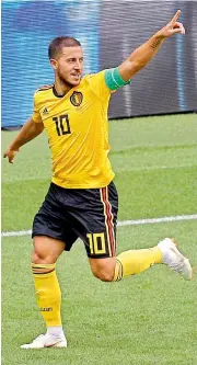  ?? AP ?? Belgium captain Eden Hazard celebrates after scoring his side’s fourth goal against Tunisia in their Group ‘G’ match at the Spartak Stadium in Moscow on Saturday. —