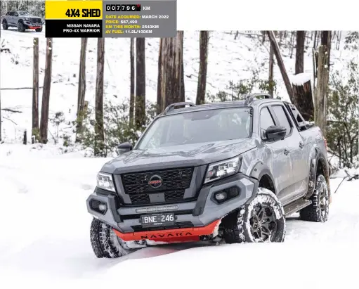  ?? NISSAN NAVARA PRO-4X WARRIOR DATE ACQUIRED: MARCH 2022 PRICE: $67,490 KM THIS MONTH: 2543KM AV FUEL: 11.2L/100KM ??