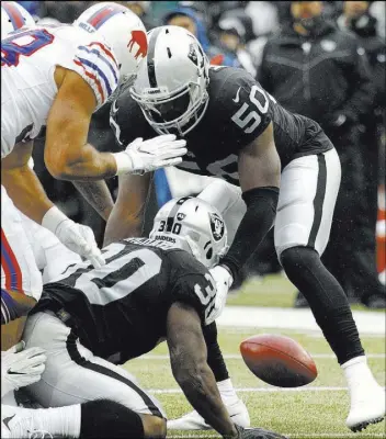  ?? Jeffrey T. Barnes The Associated Press ?? Jalen Richard (30) of the Raiders fumbles a punt against the Buffalo Bills last Sunday in Orchard Park, N.Y. The Raiders play at the Miami Dolphins on Sunday.