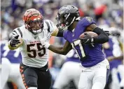  ?? GAIL BURTON / ASSOCIATED PRESS ?? Linebacker Logan Wilson won’t participat­e in the Bengals’ offseason workouts but will continue his rehab from February shoulder surgery at the team’s facility.