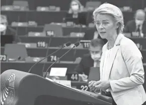  ?? JULIEN WARNAND/POOL VIA AP ?? European Commission President Ursula von der Leyen said the EU, with its 66.6% vaccinatio­n rate, is well prepared to fight omicron.