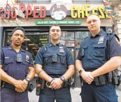  ??  ?? NYPD Officers David Galindez, Ronald Kennedy and Matthew Grieve (left to right) on Tuesday recalled July 7 heroics in Harlem.