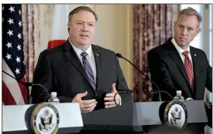  ?? AP/SAIT SERKAN GURBUZ ?? Secretary of State Mike Pompeo, at a news conference Friday with acting Defense Secretary Patrick Shanahan and Japanese officials, said sanctions will continue until North Korea ends its nuclear program.