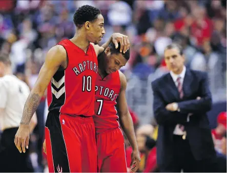  ?? ALEX BRANDON/THE CANADIAN PRESS ?? Raptors star guard DeMar DeRozan, left, has been railing against Toronto “going against the odds every step of the way” this season and that gripe likely won’t be going away anytime soon with the Raptors’ second playoff game relegated to cable channel...