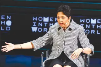  ??  ?? INDRA NOOYI, CEO of PepsiCo, takes part in a panel during the Women In The World Summit in the Manhattan borough of New York April 8.