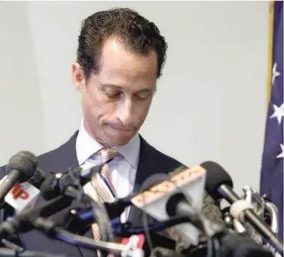  ?? RICHARD DREW/AP FILES ?? Anthony Weiner announces his resignatio­n from Congress in 2011.