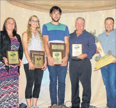  ?? ALYSHA CAMPBELL/JOURNAL PIONEER ?? Award winners at the O’Leary Potato Blossom Festival Farmers’ Awards banquet included: Melissa Clements (left), Emma Jean Griffin, Colton Griffin, Jeff Smallman and Morgan Smallman. Missing from photo are Jason Smallman and Jimmy McAssey.