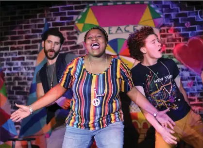  ??  ?? Hoyt Mangrum, Dsiree Whatley Green and Isaac Brackett in a scene from the initial run of Rome Shakespear­e Festival’s “Godspell.” The show returns to the River Arts District Playhouse Aug. 28, 29, 30.