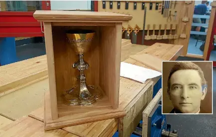  ?? PHOTOS: SUPPLIED ?? A special box has been built for the chalice from World War I to protect it on its journey to Belgium. Inset: Father James Mcmenamin.