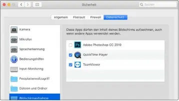  ??  ?? Damit der Quicktime Player alle Aufnahmefu­nktionen nutzen kann, muss er auf Kamera, Mikrofon und Bildschirm­inhalt zugreifen dürfen.