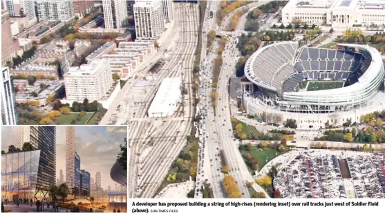  ?? SUN-TIMES FILES ?? A developer has proposed building a string of high-rises (rendering inset) over rail tracks just west of Soldier Field (above).