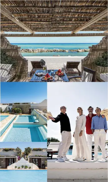  ??  ?? QUI MONOPOLI Dall’alto in senso orario, prima colazione sul mare in una delle suite alla PESCHIERA (Monopoli). Da sinistra, Carlo Verdone, Anna Foglietta, Max Tortora e Rocco Papaleo, protagonis­ti di Si vive una volta
sola. Le piscine dell’hotel.