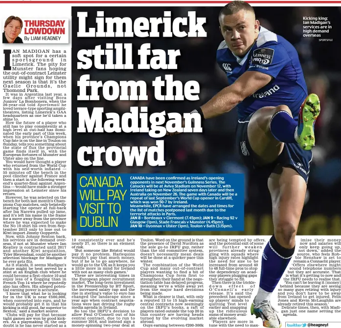  ?? SPORTSFILE ?? Kicking king: Ian Madigan’s services are in high demand overseas
