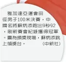  ??  ?? 雅加達亞運會田徑男子­100米決賽，中國名將蘇炳添跑出9­秒92 ，刷新賽會紀錄獲得冠軍。圖為頒獎現場，蘇炳添跳上領獎台。 (中新社)