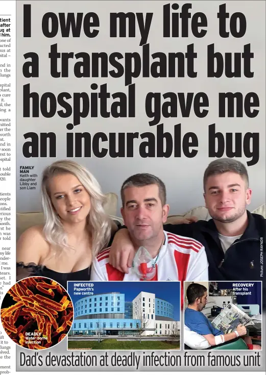  ??  ?? FAMILY MAN Keith with daughter Libby and son Liam
DEADLY Water-borne infection
INFECTED Papworth’s new centre
RECOVERY After his transplant