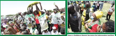  ?? ?? Zanu supporters raise a stuffed crocodile in the air as they welcome President
PF Mnangagwa at the Epworth star rally
Zanu PF Politburo Deputy Secretary for Informatio­n and Publicity Cde Monica Mutsvangwa prepares to welcome President Mnangagwa