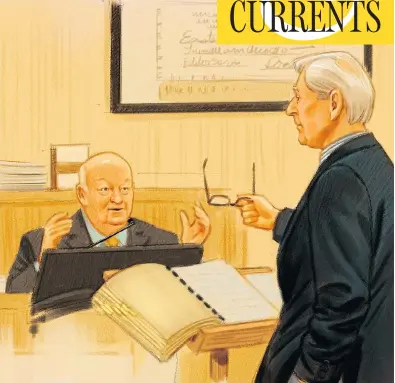  ?? GREG BANNING / THE CANADIAN PRESS ?? In this artist’s sketch, Sen. Mike Duffy responds to defence lawyer Donald Bayne at his fraud trial in Ottawa. As ever with Duffy, writes columnist Christie Blatchford, he pronounced his own every feeble thought brilliant and original.