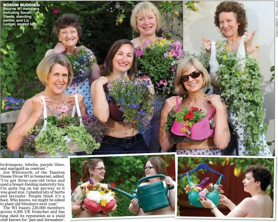  ??  ?? BOSOM BUDDIES: Bourne WI members including Sarah Steele, standing centre, and Liz Ledger, seated left BRA-VO: Members of the Little Sutton Sapphires WI in Cheshire tend to their colourful creations, also pictured below