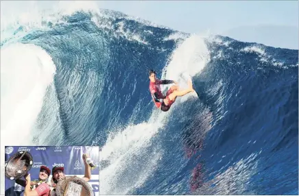  ??  ?? GRAVITY DEFYING: Gabriel Medina carves a turn on his way to victory in the Fiji Pro. Inset: Medina (red vest) and runner-up Matt Wilkinson celebrate on the podium.