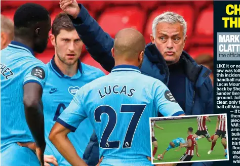  ?? GETTY IMAGES ?? Down and pout: Mourinho tries to inspire his players during a drinks break. Inset: Moura handles after being brought down