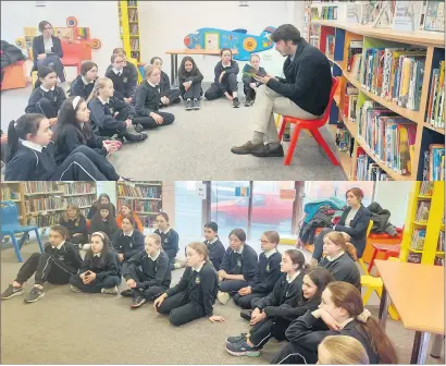  ?? ?? Ms Eimear Doyle’s 5th Class pupils hearing a story from library staff member Jack. Bunscoil na Toirbhirte have been visiting the library throughout March and some classes have organised regular visits to the Mitchelsto­wn branch.