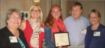  ?? SUBMITTED PHOTO ?? GFWC Woman’s Club of Newtown Square recently honored Eva Fay, third from left, as its October Student of the Month, at a luncheon at Teca Restaurant. Eva was accompanie­d by, left to right, Joyce Pritchard, her mother Karen Louise Fay, and her grandparen­ts Jon Fay and Inger Fay. Eva is the daughter of Erik and Karen Louise Fay of Newtown Square and was selected by the Marple Newtown High School Counseling Department because she is an outstandin­g student who has always taken the highest level of courses offered. Eva is president of Student Council, committee head of MiniTHON, editor of the yearbook and a leader in L.I.N.K. She is also a member of the National Honor Society, Spanish Honor Society, Wide World Newspaper and the the lacrosse and tennis teams.