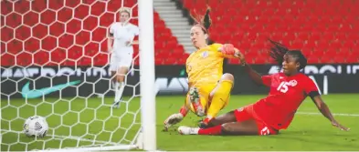  ?? ACTION IMAGES VIA REUTERS / CARL RECINE ?? Canada did not play its best game against England in Stoke-on-Trent on Tuesday, but did enough to come away with a 2-0 victory. Nichelle Prince, pictured, scored one of the markers.