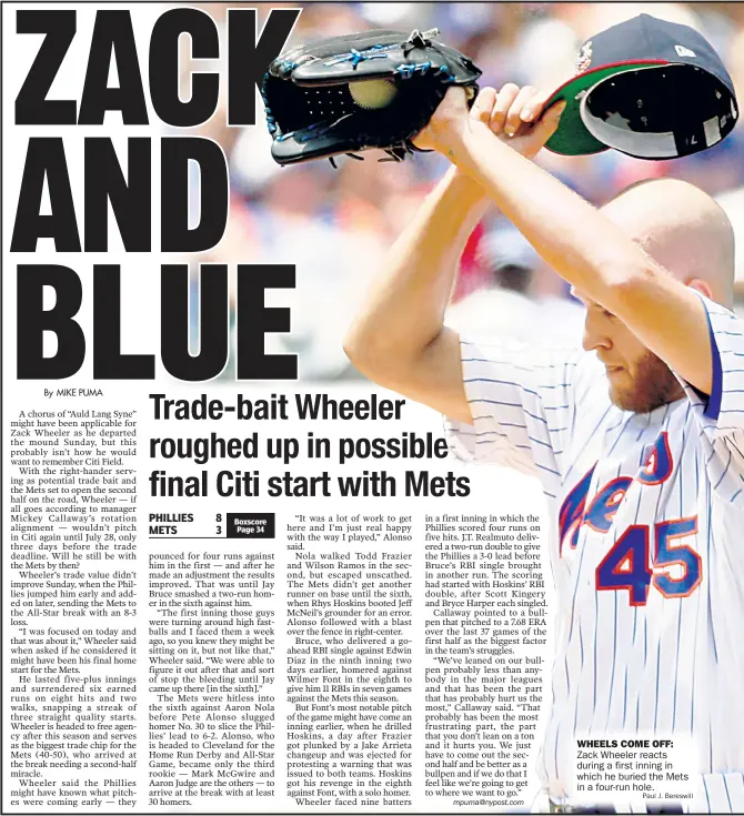  ?? Paul J. Bereswill ?? WHEELS COME OFF: Zack Wheeler reacts during a first inning in which he buried the Mets in a four-run hole.