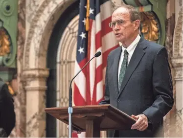  ?? LAUREN WITTE/CLARION LEDGER ?? Lt. Gov. Delbert Hosemann speaks during the Senate session at the Mississipp­i State Capitol in Jackson on Monday. According to several lawmakers, the likelihood of a personal income tax cut being passed this year is low.