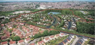  ??  ?? An impression of the Helens Wood site will look in Bangor, where houses will be surrounded by woodland and will overlook a 3.5 acre lake. The developmen­t is part of a £90m project approved in 2016 for 550 new homes in the area